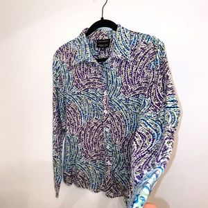 Foxcroft Bright Floral Wrinkle-Free Button Down Blouse Purple & Blue